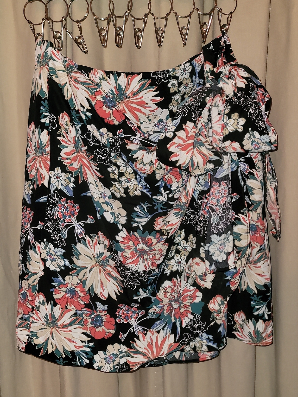 Naked Zebra Black Floral Mini Wrap Skirt with Coral, Cream & Blue Blooms